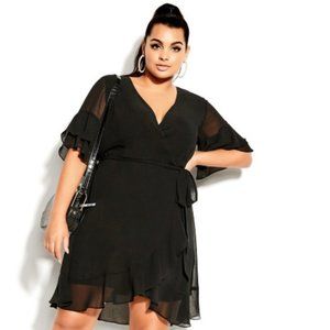 City Chic Flutter Frill Dress- Black